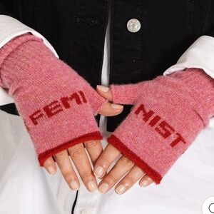 Black&Beech Feminist Fingerless Mittens Gloves Pink French Rose Rouge Wool OS